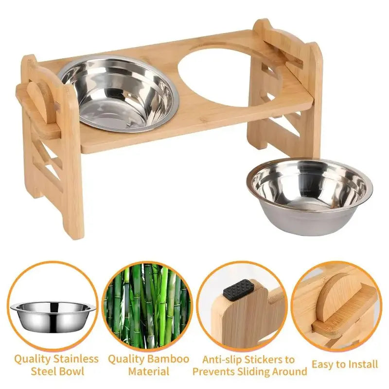 Tilted Bamboo Dog Feeder with 2 Stainless Steel Bowls and 6 Adjustable heights
