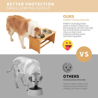 Bamboo Raised Cat & Dog Bowls with 2 Stainless Steel Bowls