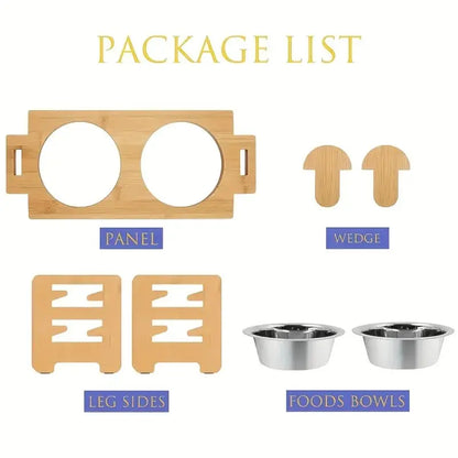 Tilted Bamboo Dog Feeder with 2 Stainless Steel Bowls and 6 Adjustable heights