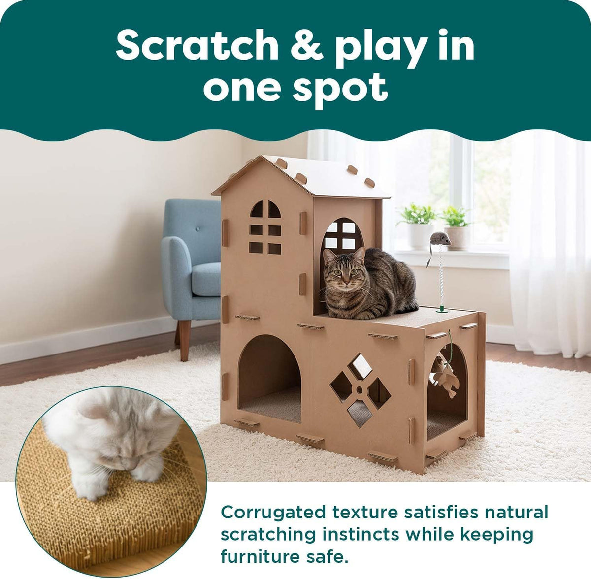 Two-Story Cardboard Cat House with Scratcher & Catnip