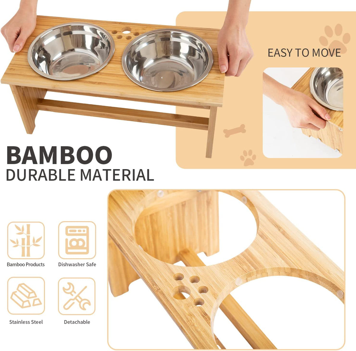 Bamboo Raised Cat & Dog Bowls with 2 Stainless Steel Bowls