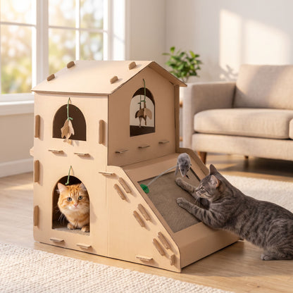 Two-Story Cardboard Cat House with Scratcher & Catnip