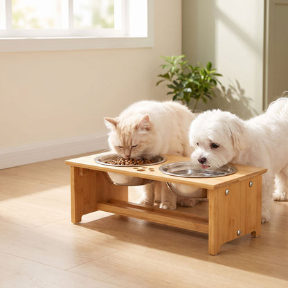 Bamboo Raised Cat & Dog Bowls with 2 Stainless Steel Bowls