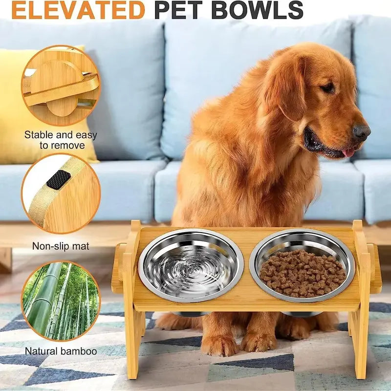 Tilted Bamboo Dog Feeder with 2 Stainless Steel Bowls and 6 Adjustable heights
