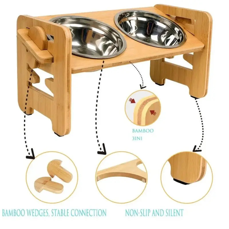 Tilted Bamboo Dog Feeder with 2 Stainless Steel Bowls and 6 Adjustable heights