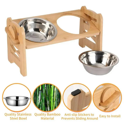 Tilted Bamboo Dog Feeder with 2 Stainless Steel Bowls and 6 Adjustable heights