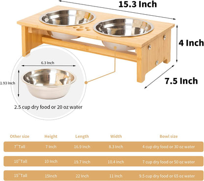 Bamboo Raised Cat & Dog Bowls with 2 Stainless Steel Bowls