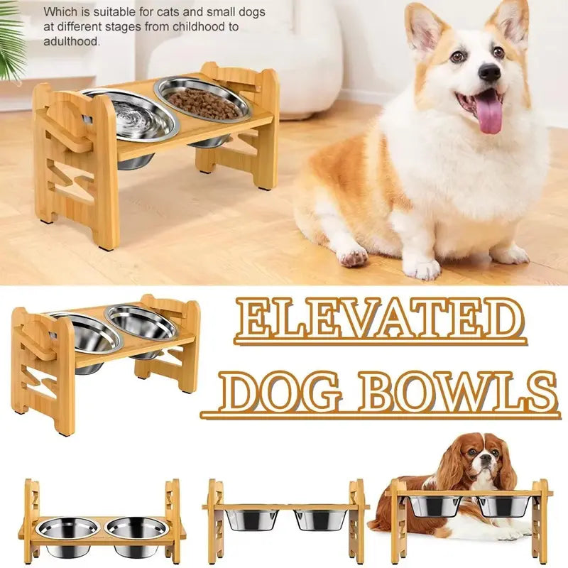 Tilted Bamboo Dog Feeder with 2 Stainless Steel Bowls and 6 Adjustable heights