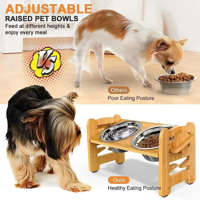 Tilted Bamboo Dog Feeder with 2 Stainless Steel Bowls and 6 Adjustable heights