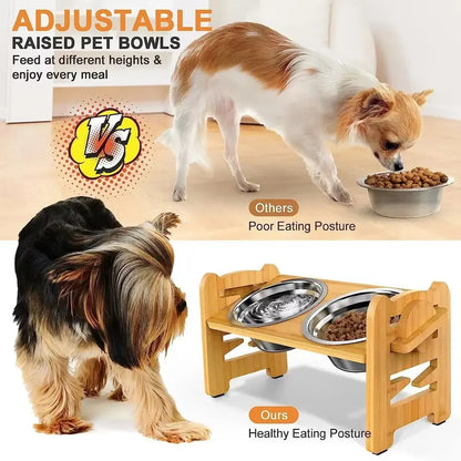 Tilted Bamboo Dog Feeder with 2 Stainless Steel Bowls and 6 Adjustable heights