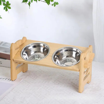 Tilted Bamboo Dog Feeder with 2 Stainless Steel Bowls and 6 Adjustable heights