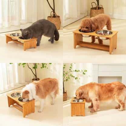 Bamboo Raised Cat & Dog Bowls with 2 Stainless Steel Bowls
