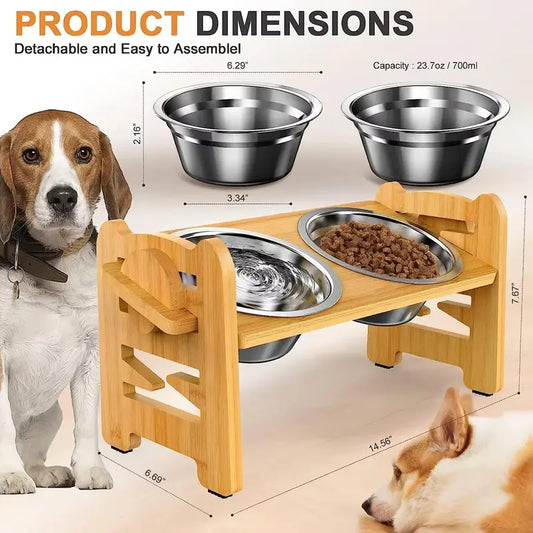 Tilted Bamboo Dog Feeder with 2 Stainless Steel Bowls and 6 Adjustable heights