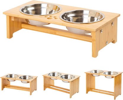 Bamboo Raised Cat & Dog Bowls with 2 Stainless Steel Bowls