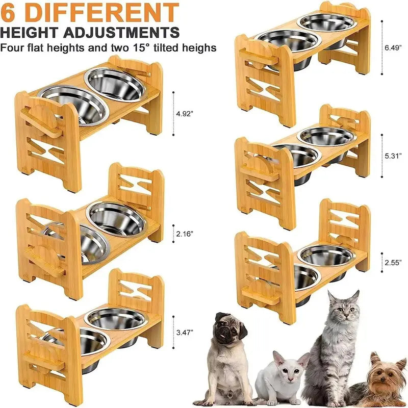 Tilted Bamboo Dog Feeder with 2 Stainless Steel Bowls and 6 Adjustable heights