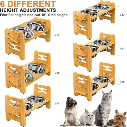 Tilted Bamboo Dog Feeder with 2 Stainless Steel Bowls and 6 Adjustable heights